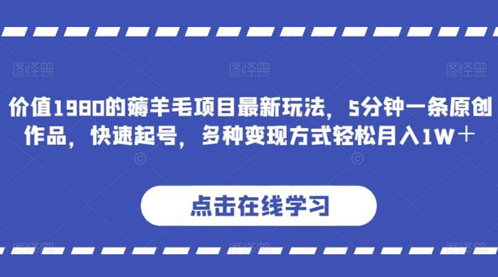 价值 1980 的薅羊毛项目，最新玩法，5 分钟一条原创作品，快速起号，多种变现方式轻松月入 1W+