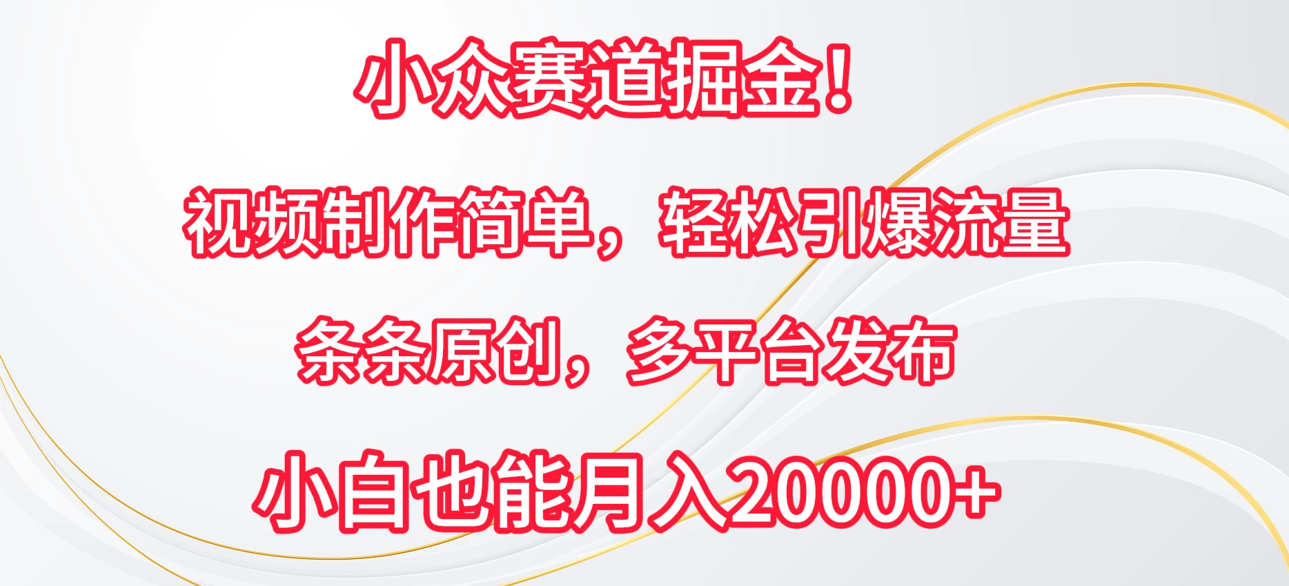 小众赛道掘金！视频制作简单，轻松引爆流量，条条原创，多平台发布，小白也能月入20000+